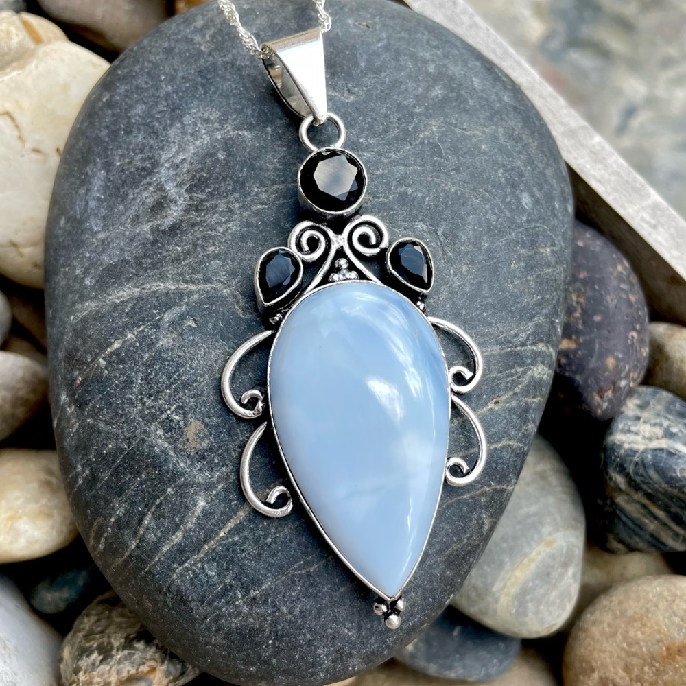 😵 Blue Water Opal & Black Onyx Pendant Necklace 925 sterling crystal stone gem